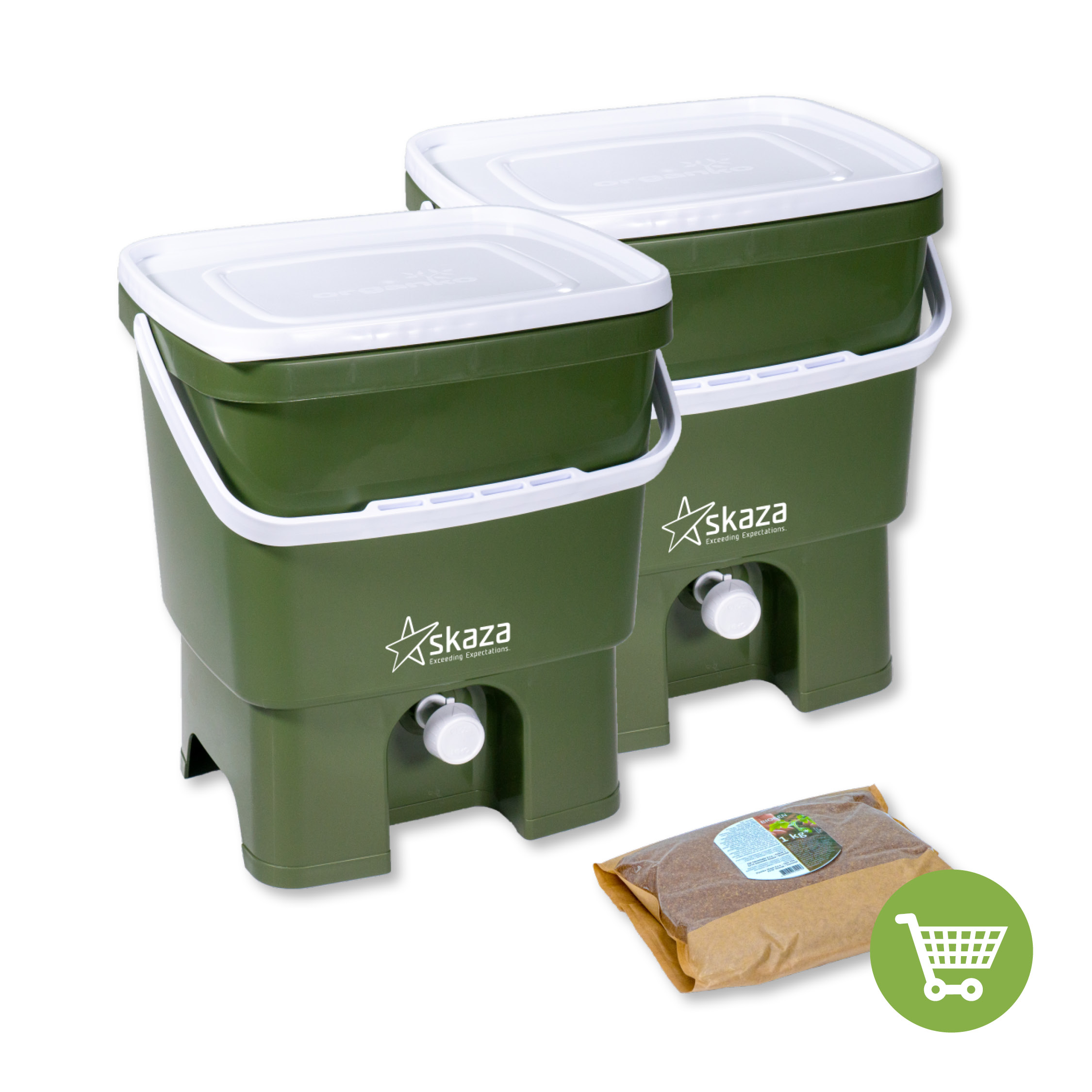 Skaza Bokashi Organko Set (2 x 16 L) with Fermentation Activator Bokashi Organko 1 kg (Olive White)