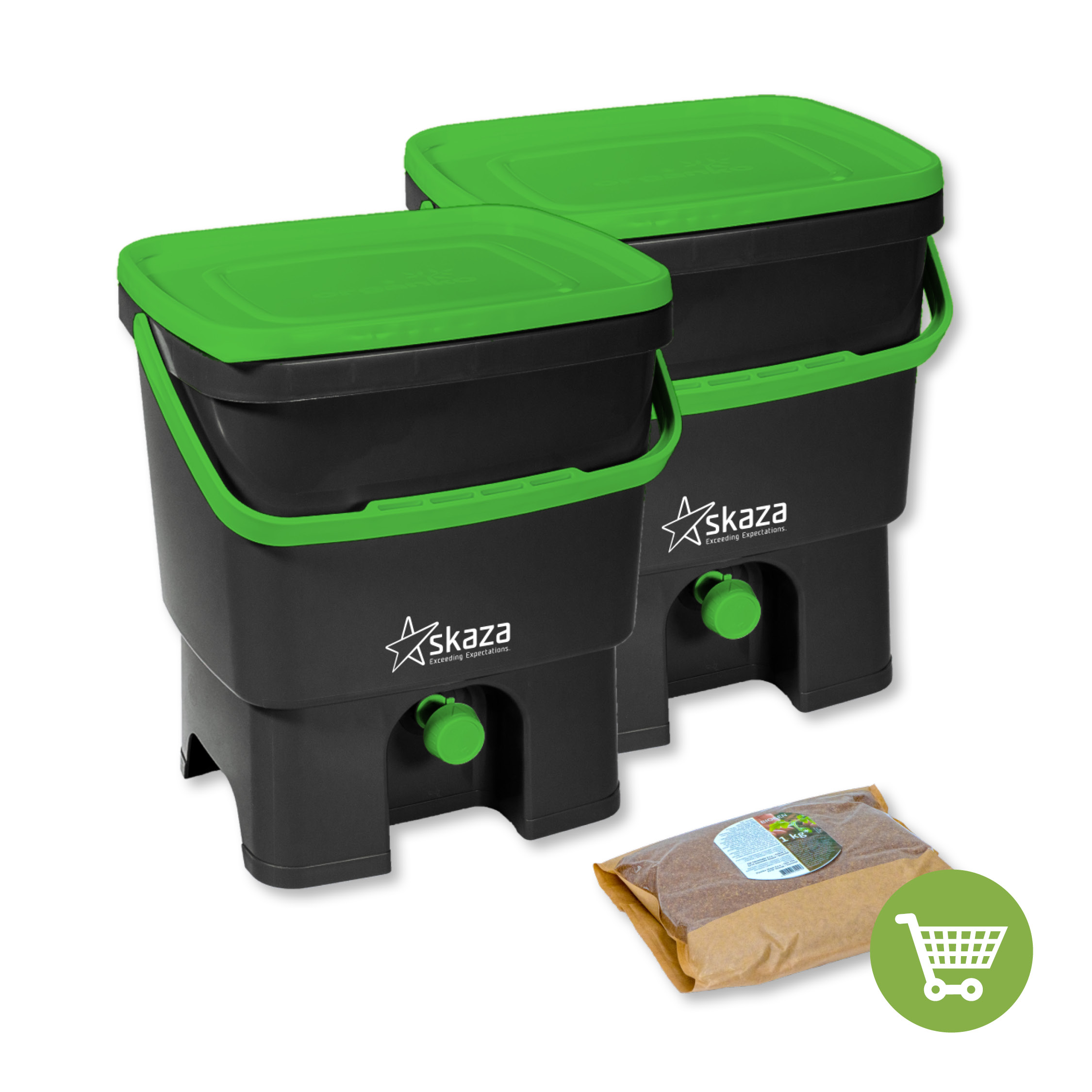 Skaza Bokashi Organko Set kompostnikov (2 x 16 L) + posip 1 kg, Črno-Zelen