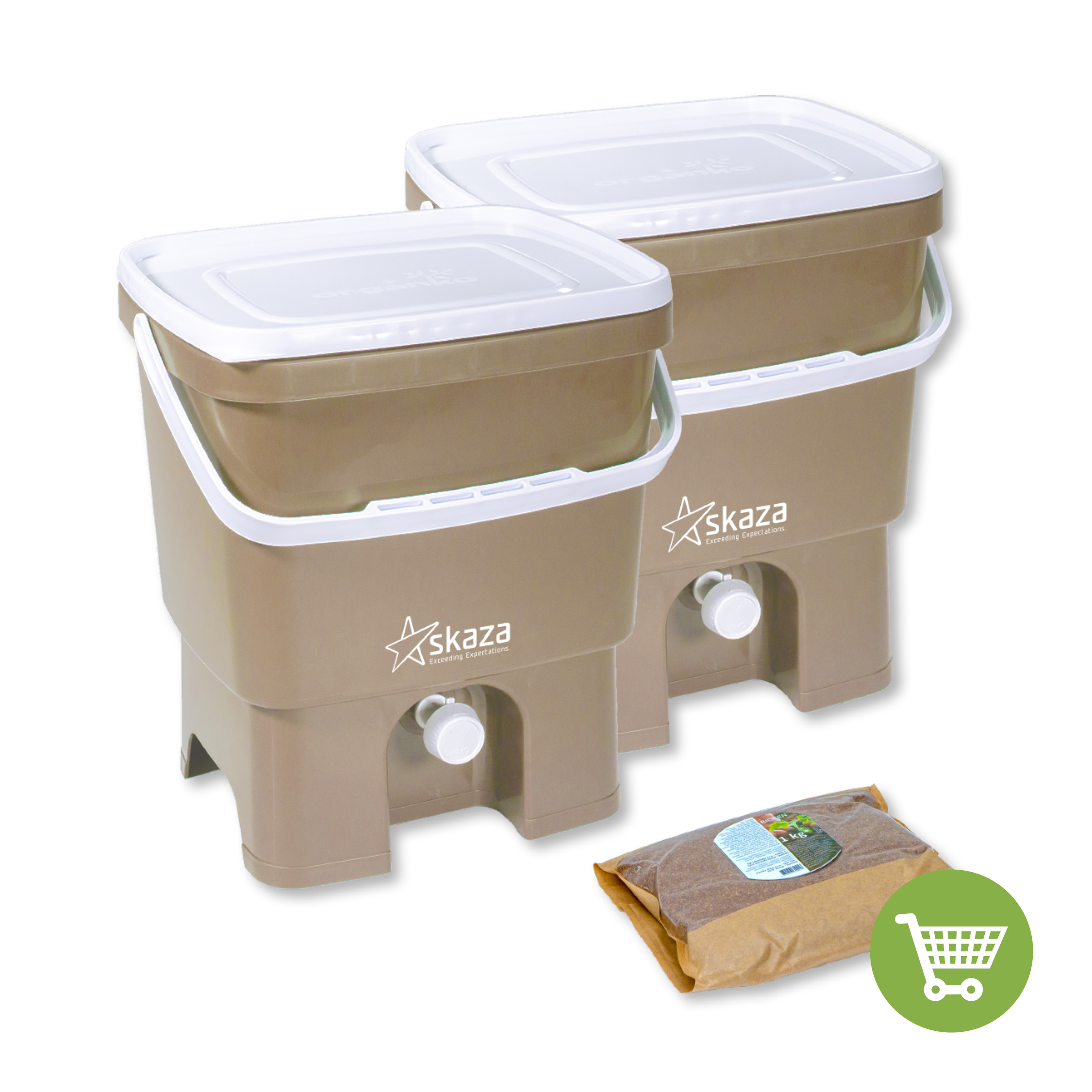 Skaza Bokashi Organko Set kompostnikov (2 x 16 L) + posip 1 kg, Kapučino-Bel
