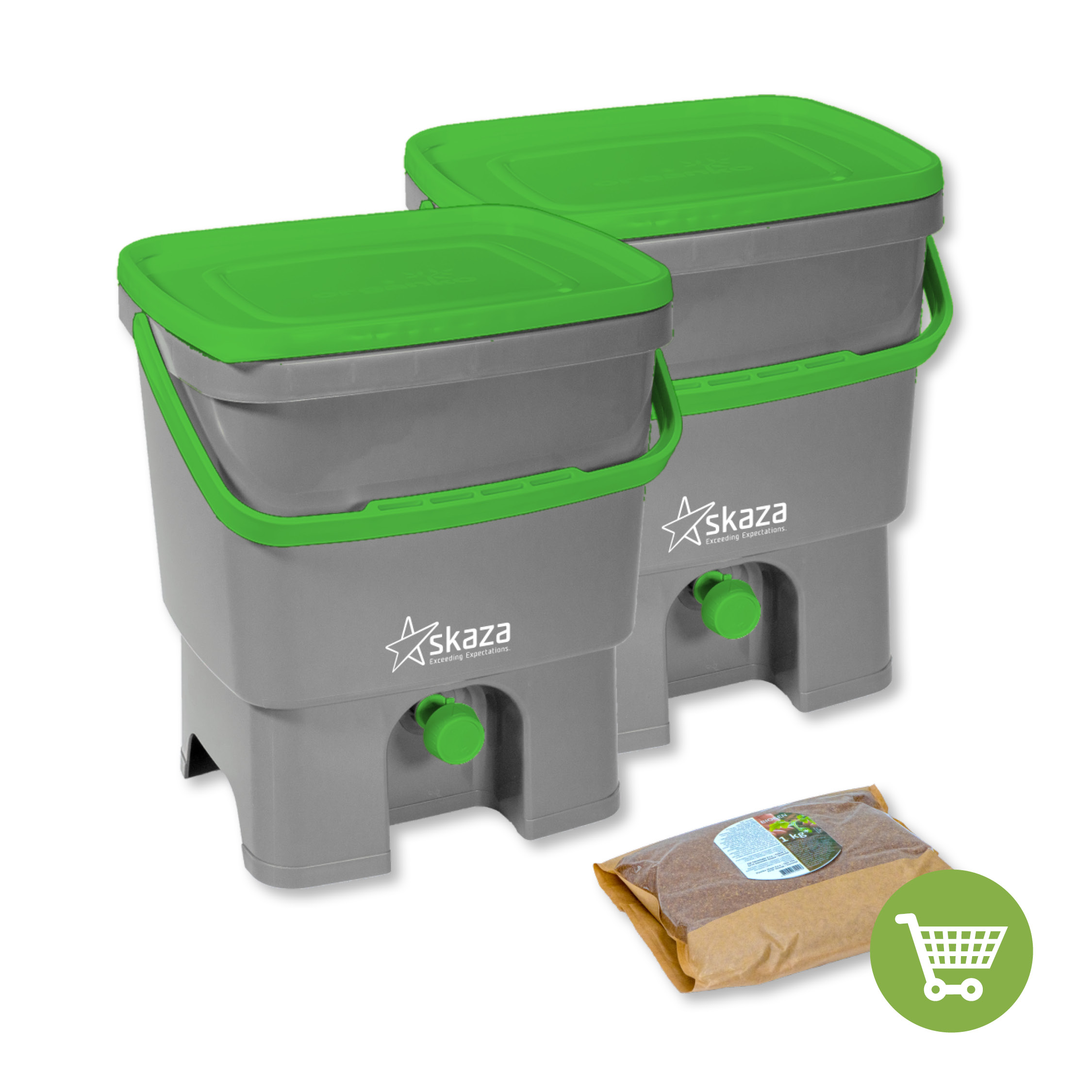 Skaza Bokashi Organko Set kompostnikov (2 x 16 L) + posip 1 kg, Sivo-Zelen