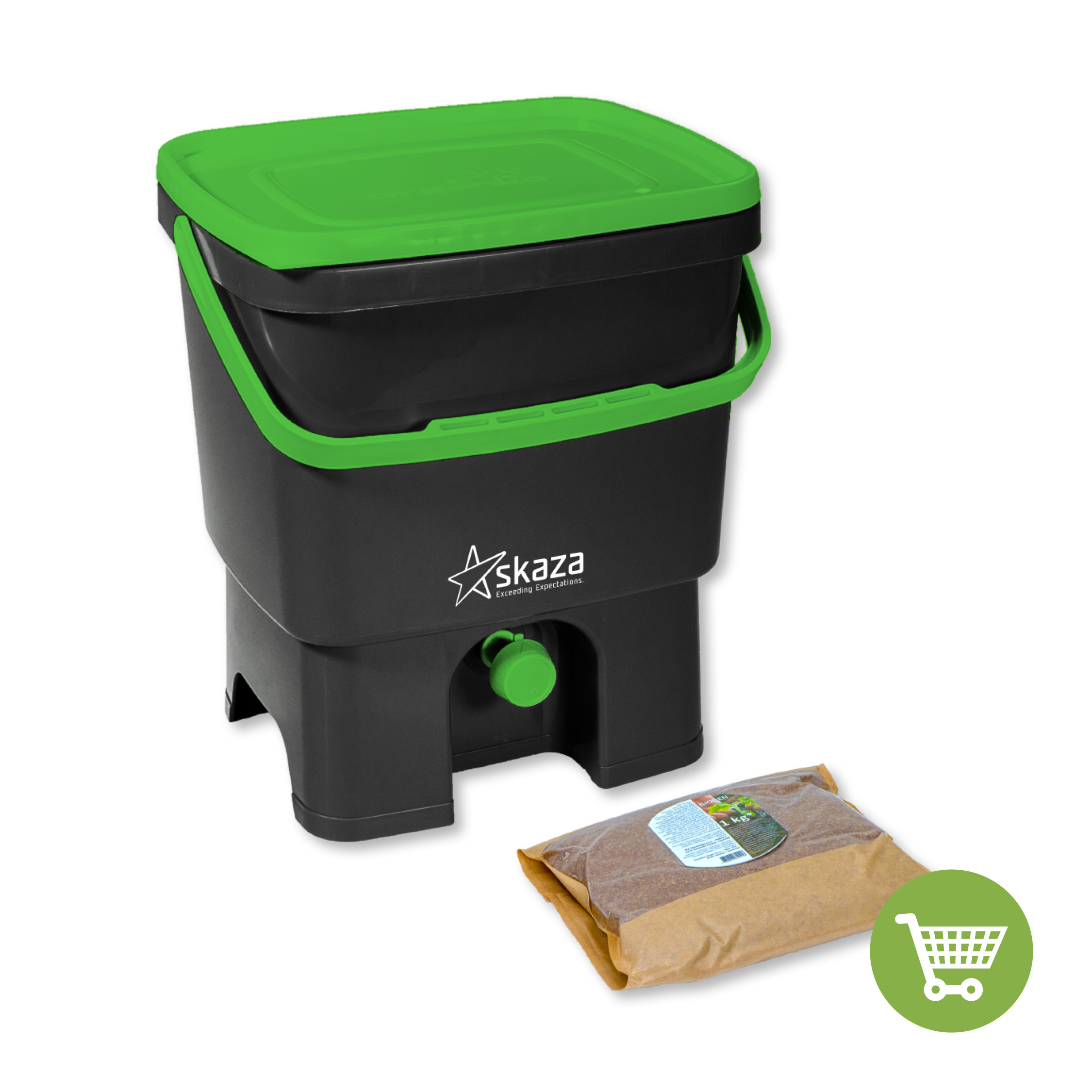 Skaza Bokashi Organko kompostnik (16 L) + posip 1 kg, Črno-Zelen